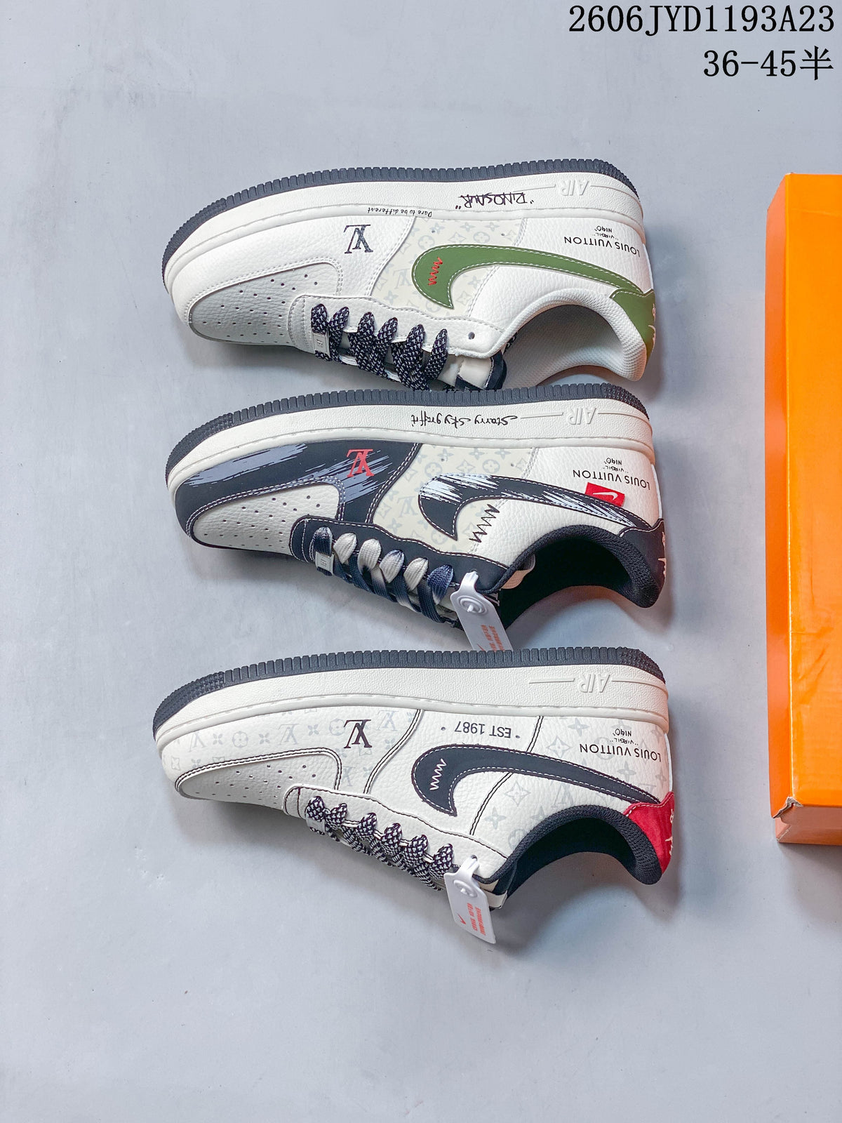 Three low-top sneaker color variations shown from the side, including green, dark, and cream accents.
