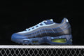 Side view of blue Nike Air Max 95 SP sneakers with visible green-accented Air units
