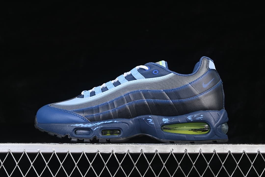 Side view of blue Nike Air Max 95 SP sneakers with visible green-accented Air units