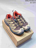 Pair of taupe, beige, and charcoal Salomon XT-3D trail shoes with orange lining, shown on a Salomon box; image also displays a size range.