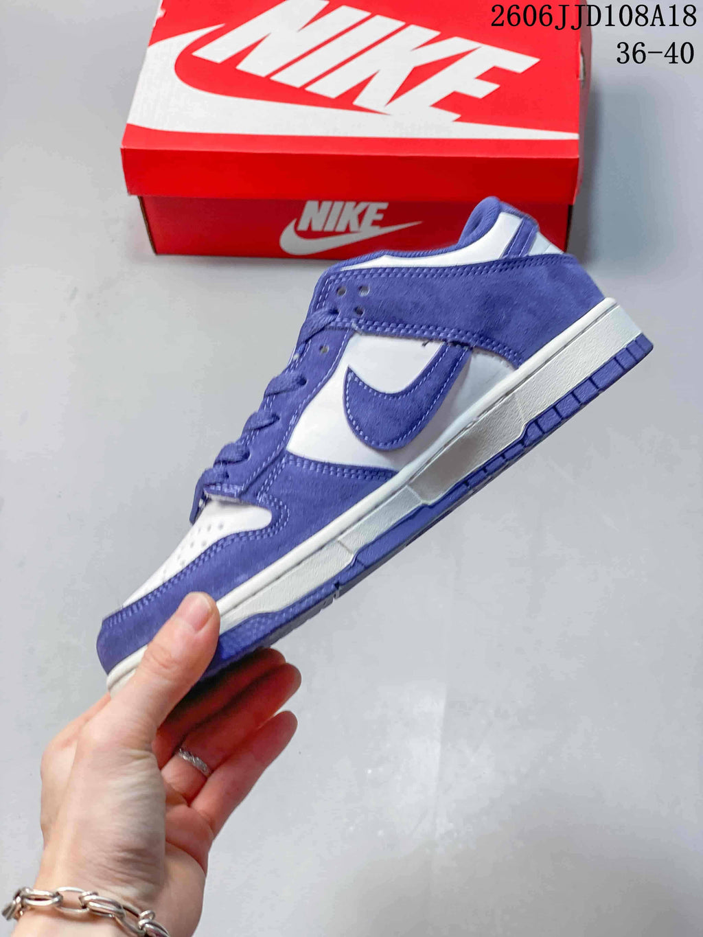 Side profile of a purple and white Nike SB Dunk Low Pro sneaker.