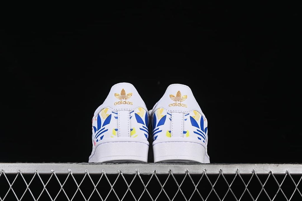 Rear view of the pair with colorful heel panels