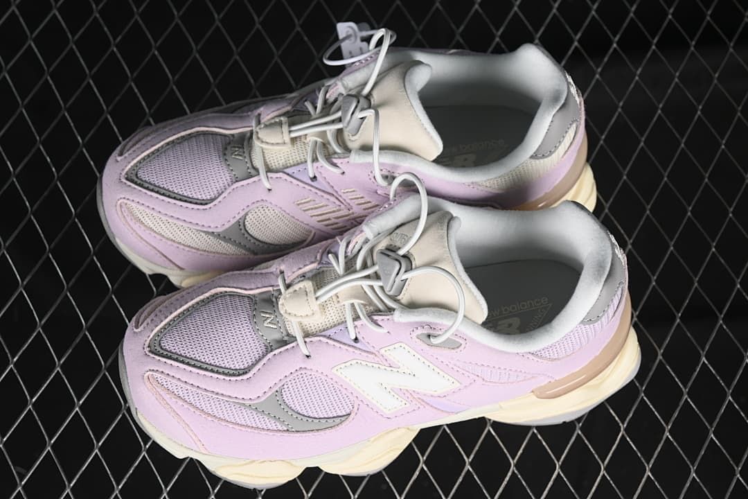 Pair of lavender and grey kids sneakers shown from above