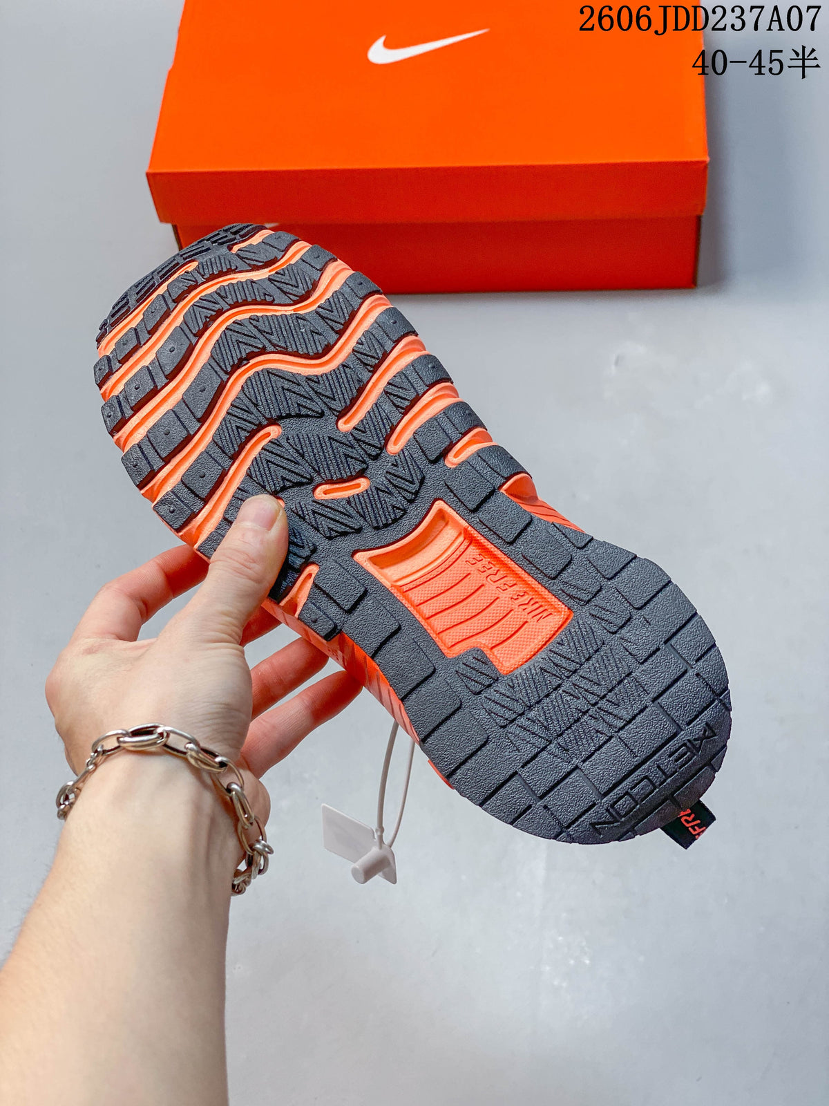Close-up of the patterned dark and orange outsole