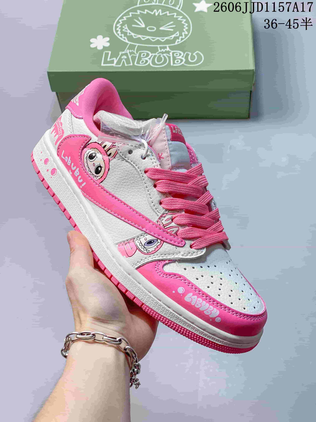 Angled side view showing pink-and-white panels and character graphics