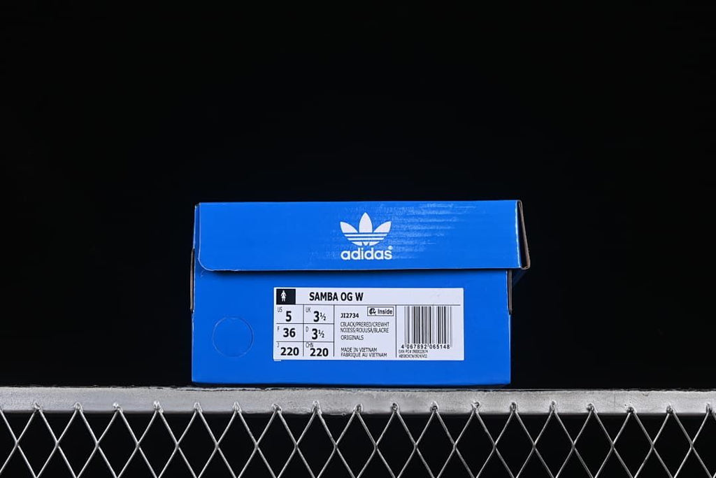 Blue shoebox label for Adidas Samba OG W style JI2734, showing US 5, UK 3.5, and FR 36