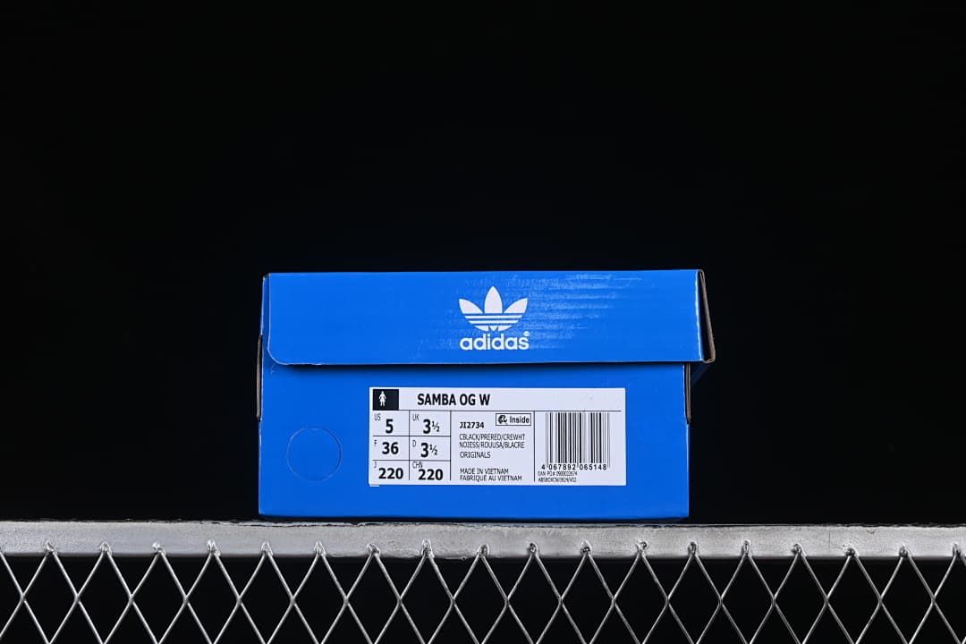 Blue shoebox label for Adidas Samba OG W style JI2734, showing US 5, UK 3.5, and FR 36