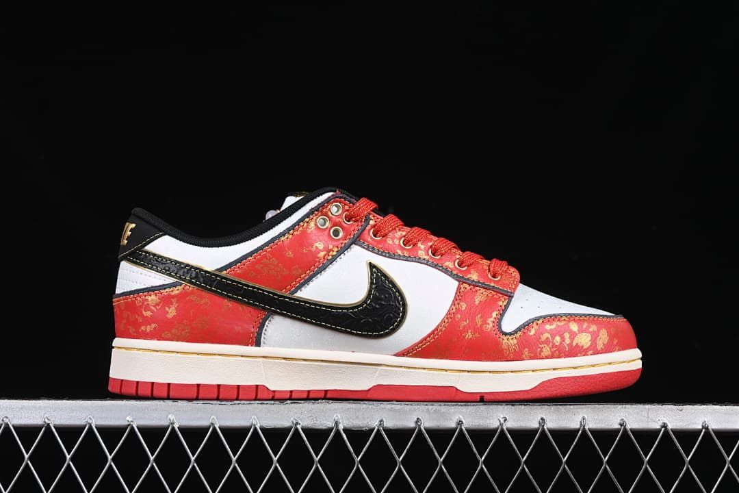 Side profile of the low-top sneaker with red patterned panels