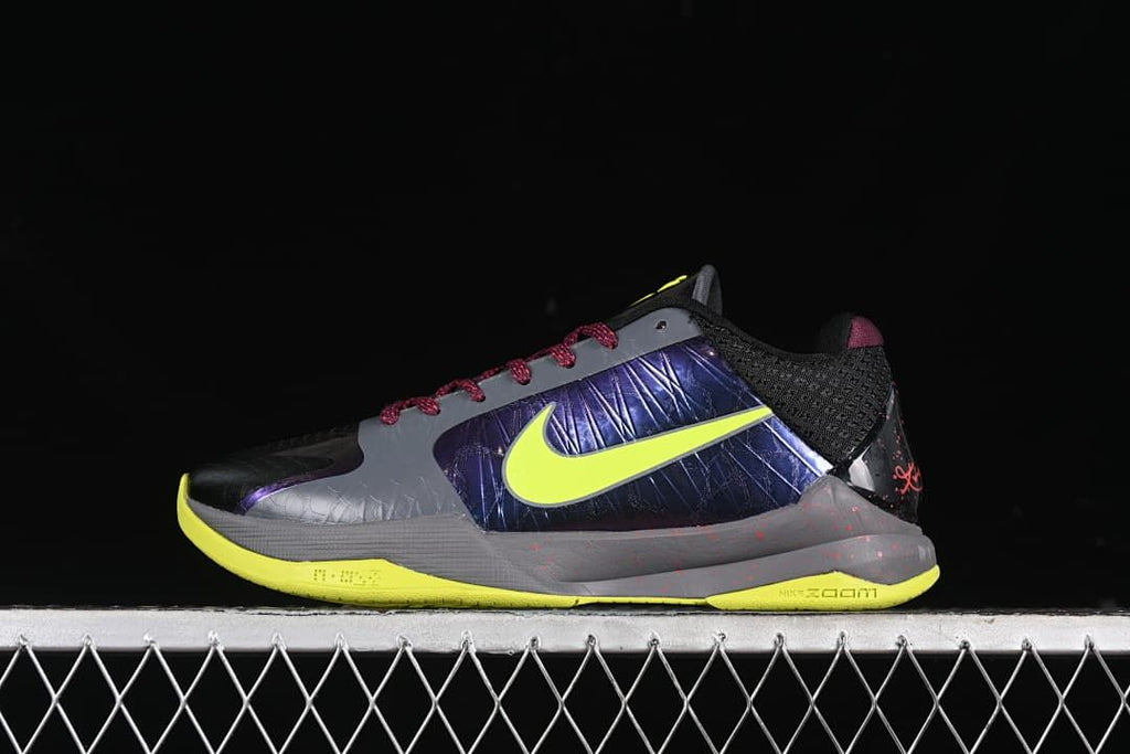 Nike Kobe 5 Protro Chaos shoe in gray, black, blue-purple, and yellow