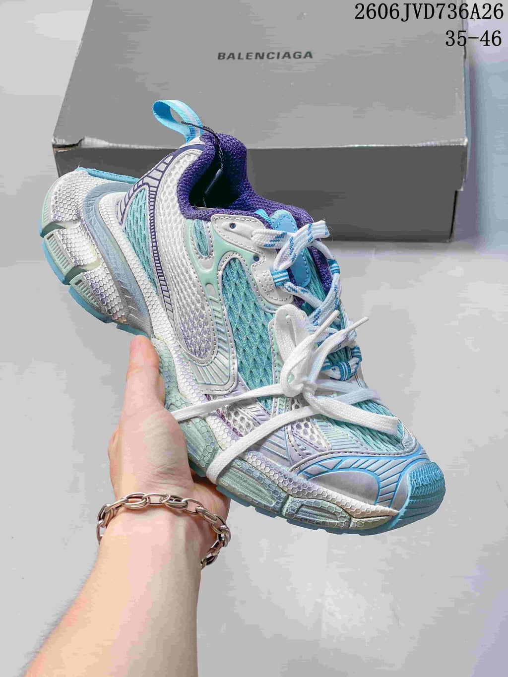 White Balenciaga 3XL sneaker with aqua and purple accents