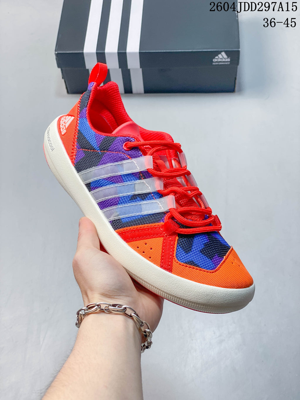 Angled view of the colorful adidas Terrex CC Boat shoe