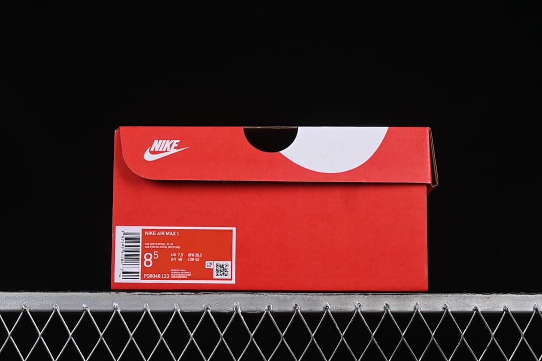 Nike Air Max 1 shoe box with label showing style code FQ8048-133 and EU size 42