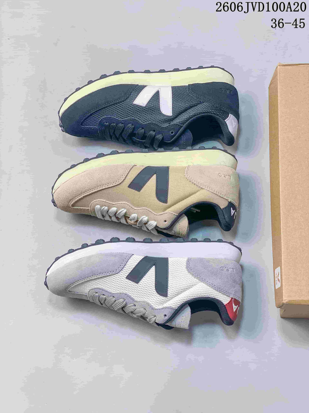 Three color combinations of low-top sneakers shown from the side