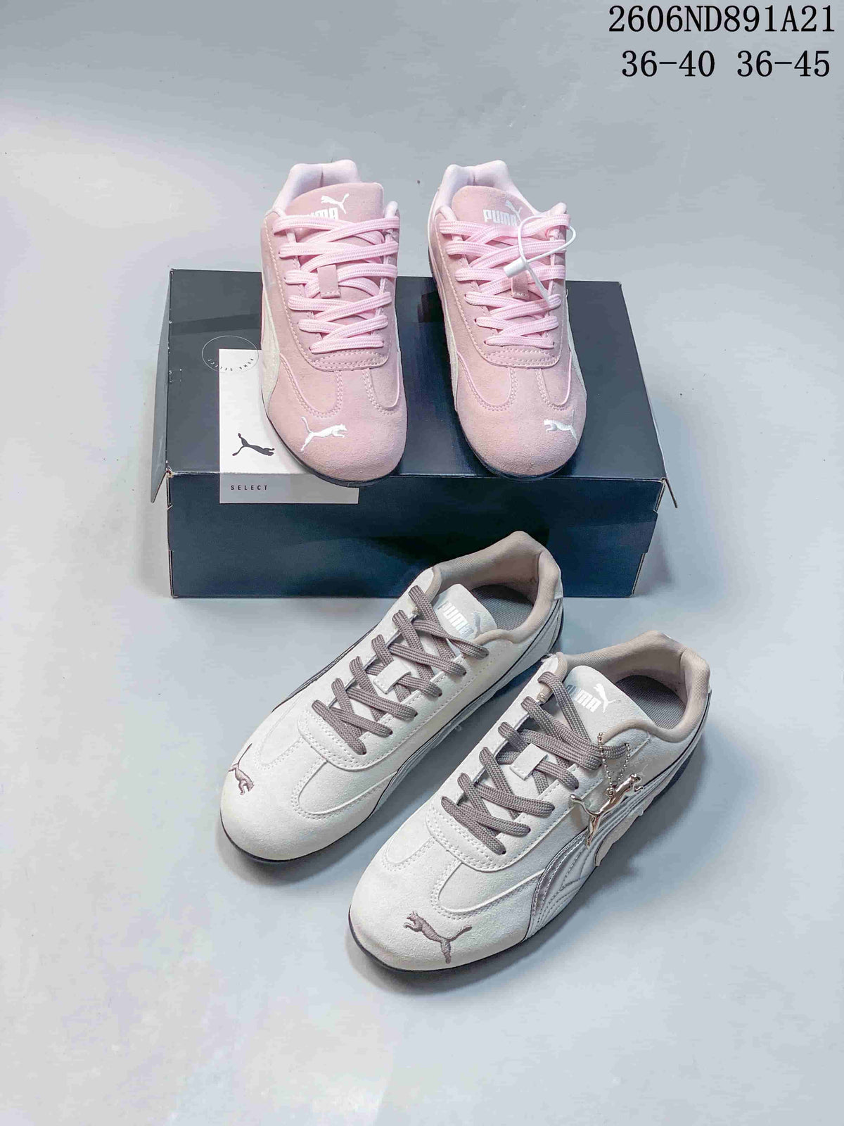 Pink and light gray Puma Speedcat OG sneakers shown together from multiple angles.