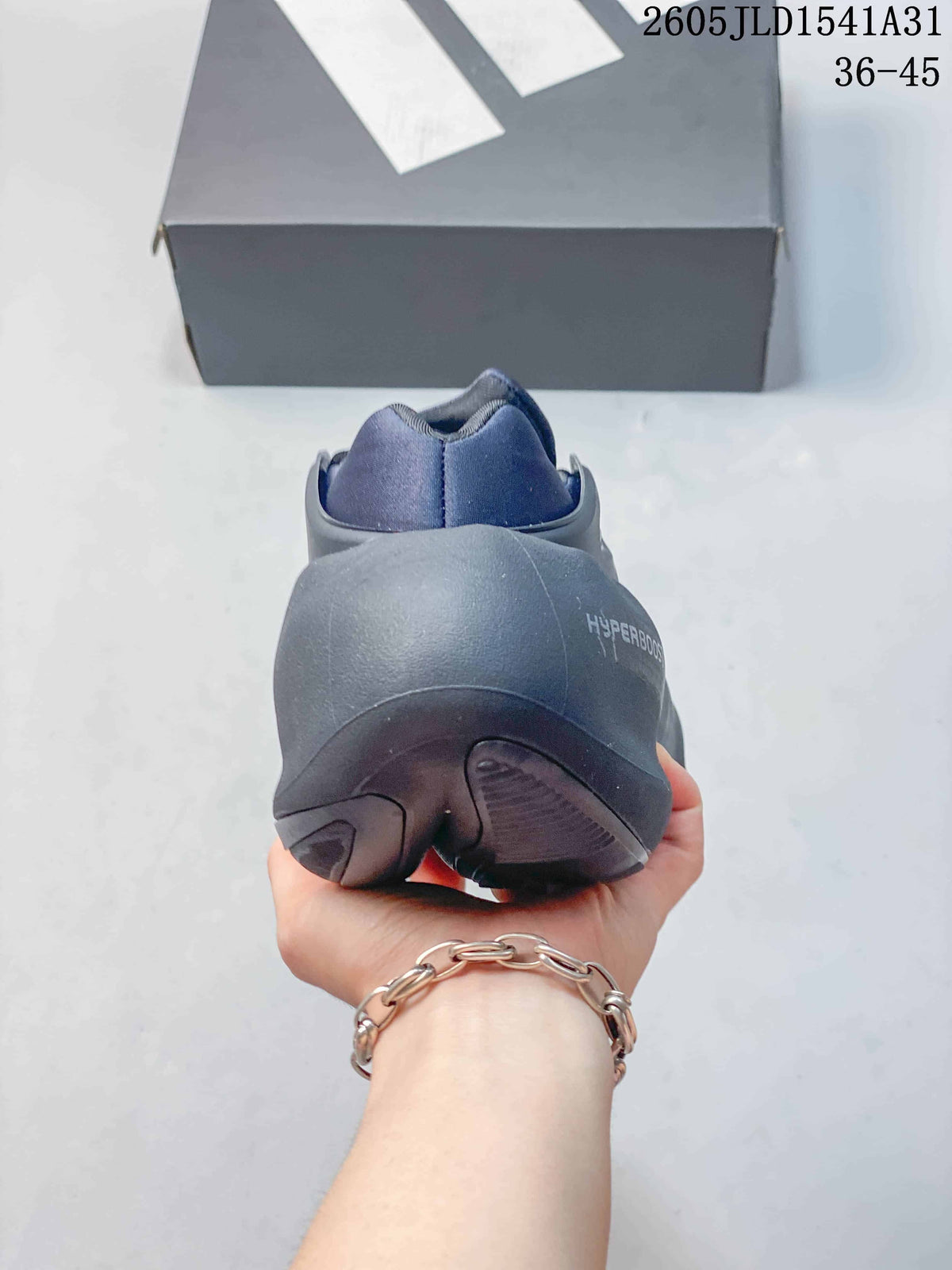 Rear view of the Adidas Hyperboost sneaker showing its sculpted heel.