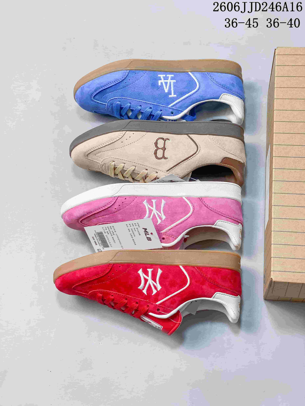 Four pictured colorways of MLB team-themed low-top sneakers: blue, beige, pink, and red.