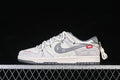 Side view of light gray and off-white low-top sneakers with patterned panels, a gray swoosh, red tag accent, and heel lace detail.