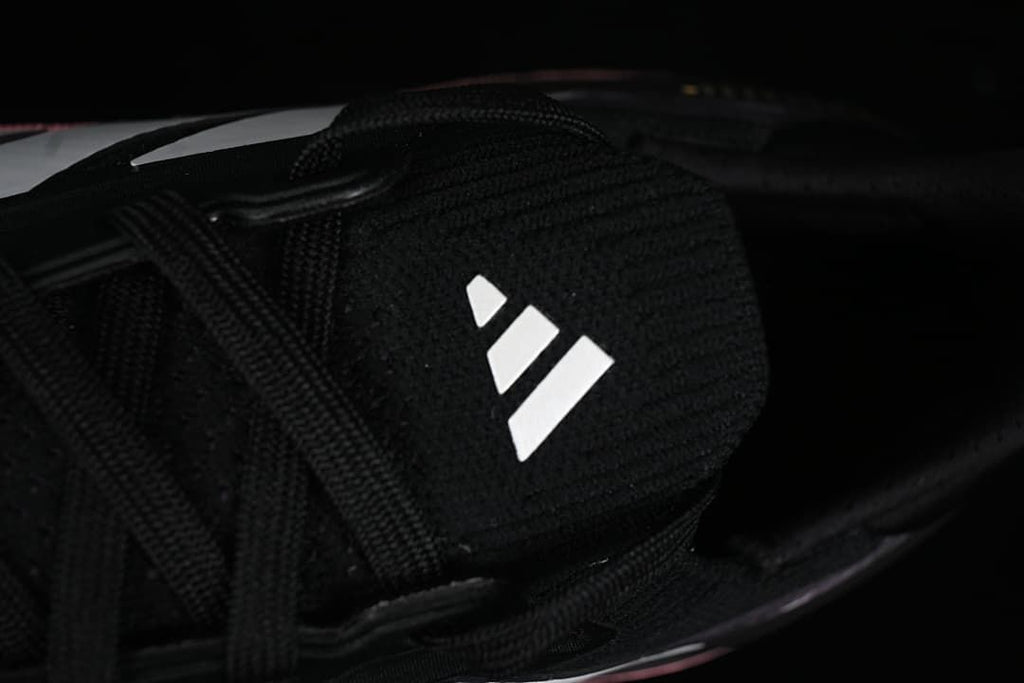 Close-up of the tongue logo and black laces.