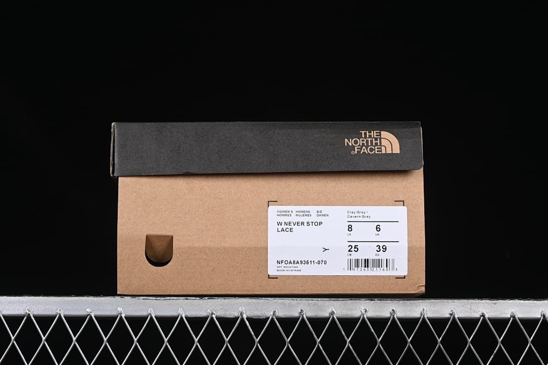 Shoebox label identifying W Never Stop Lace, Clay Grey, and sample size EU 39.