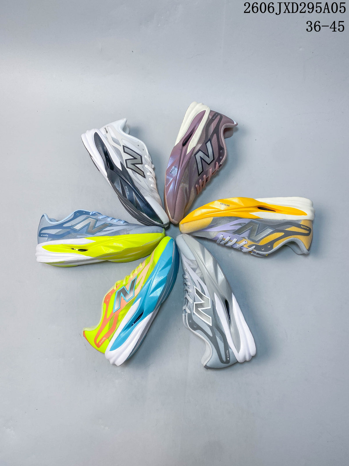 Lavender, gray, and yellow New Balance low-top running shoe with a yellow sole.