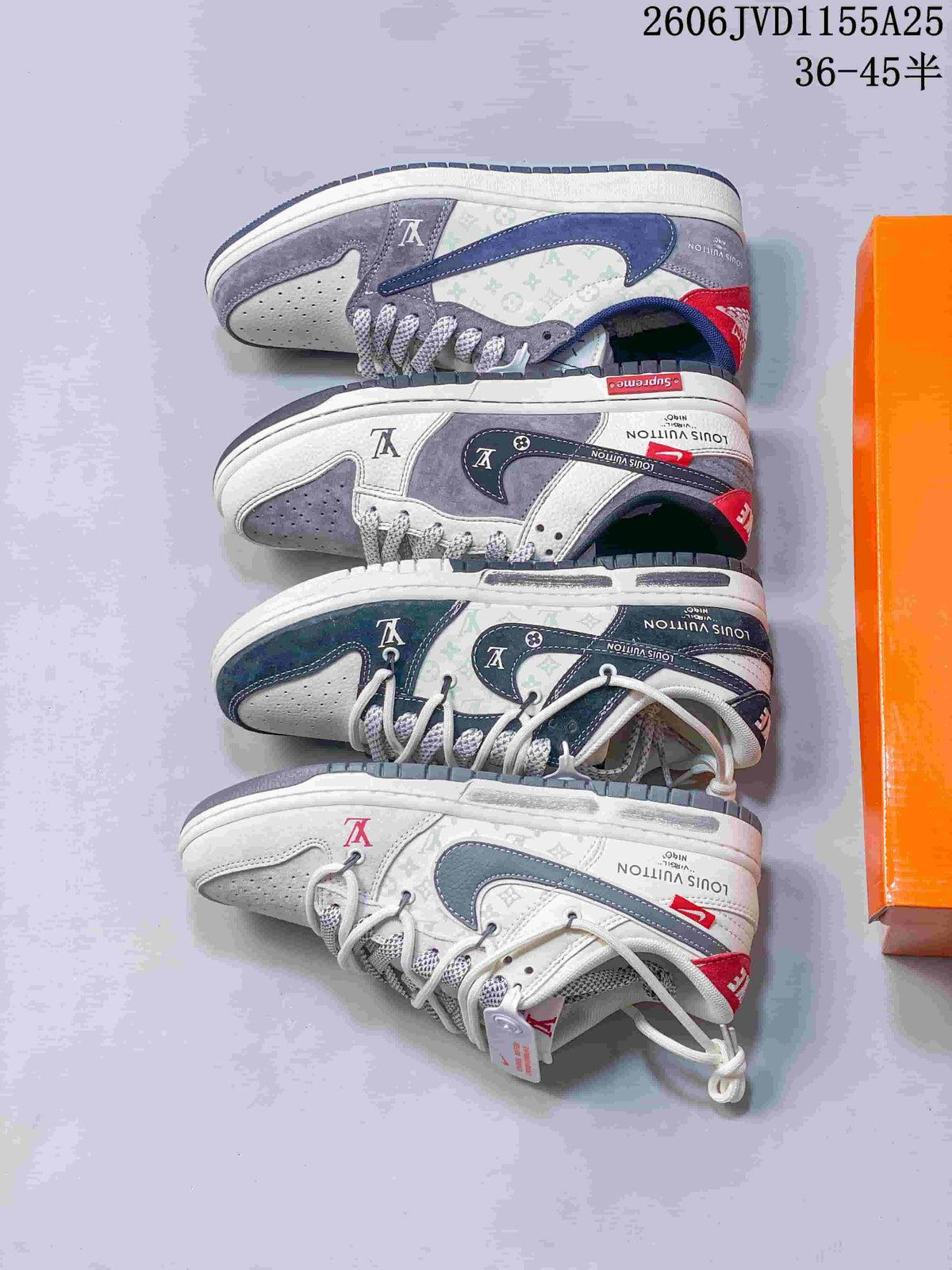 Several low-top sneaker color variations arranged side by side