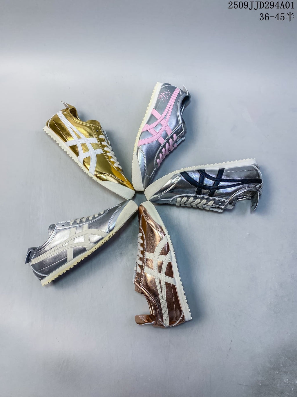 Five metallic low-top sneaker color combinations arranged in a circle; size range text appears in the image.