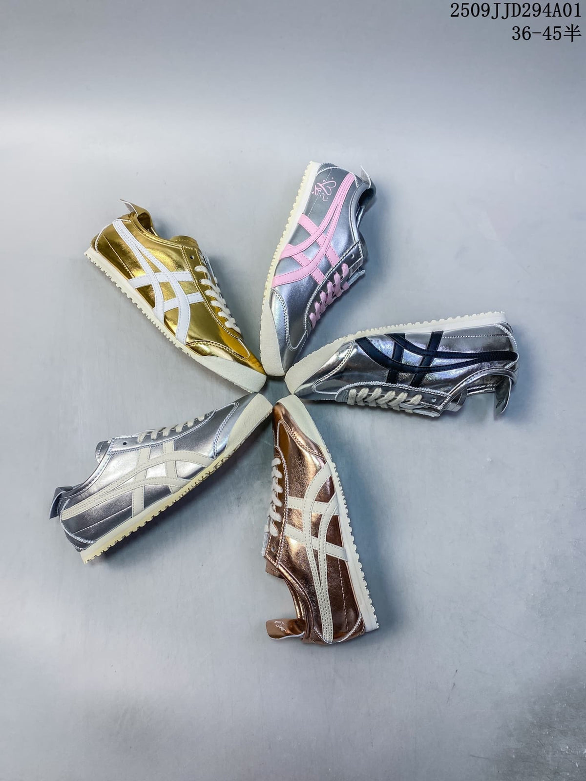 Five metallic low-top sneaker color combinations arranged in a circle; size range text appears in the image.