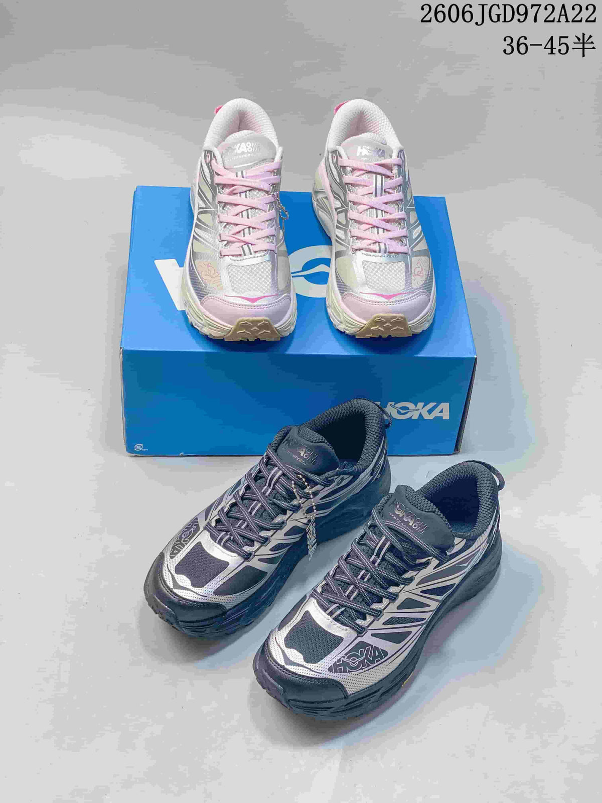 Two HOKA Mafate Speed 4 Lite colorways shown together: pale pink and silver above, dark navy and silver below; overlay lists sizes 36–45.5.