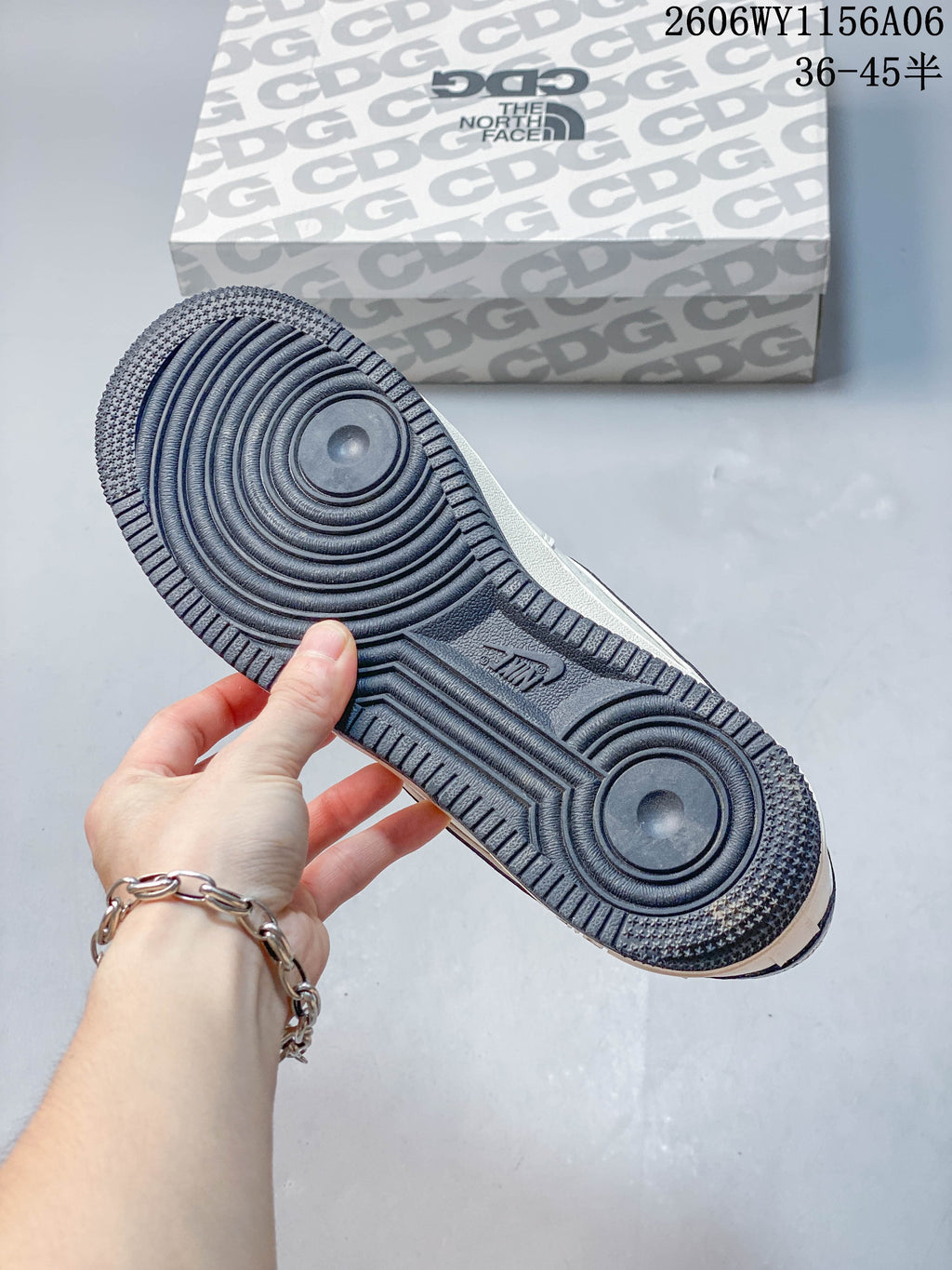 View of the textured outsole of a Nike Air Force 1 '07 Low sneaker.