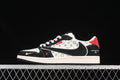 Side view of a black, off-white, and red patterned low-top sneaker with a large contrasting side panel