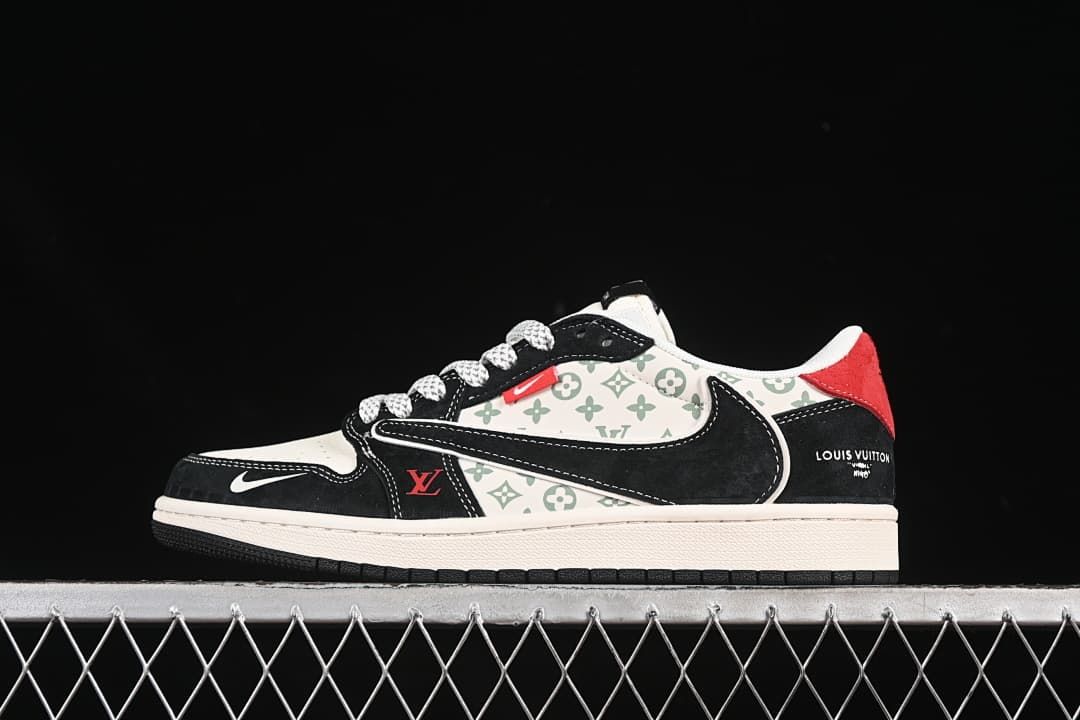 Side view of a black, off-white, and red patterned low-top sneaker with a large contrasting side panel