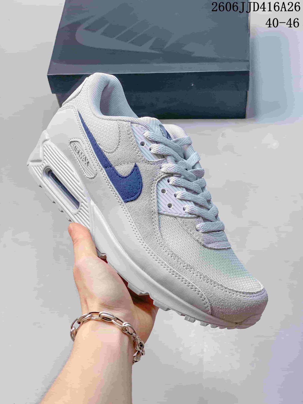 Light gray Nike Air Max 90 sneaker with a blue Swoosh.