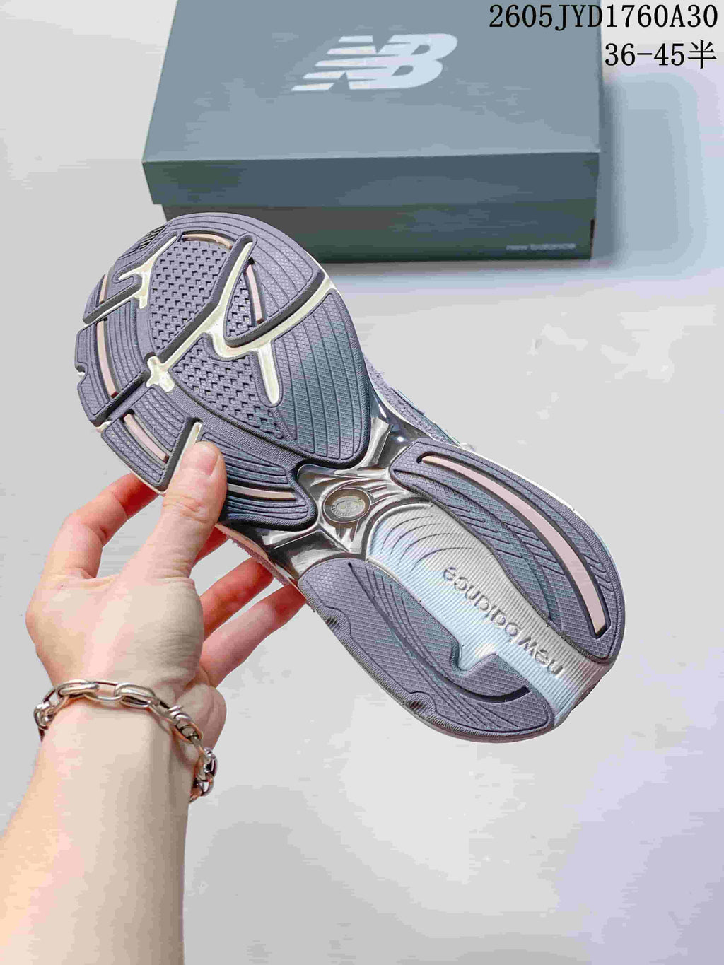 Outsole view of a lavender and grey New Balance 2010 sneaker.