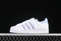 Side view of white adidas Superstar II sneakers with pastel stripes and light blue accents
