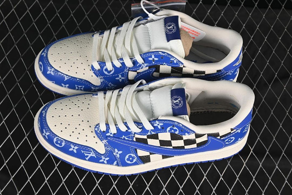 Overhead view of a pair of blue and off-white low-top sneakers with checkerboard panels and white laces