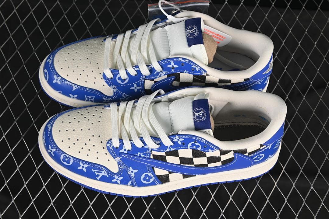 Overhead view of a pair of blue and off-white low-top sneakers with checkerboard panels and white laces