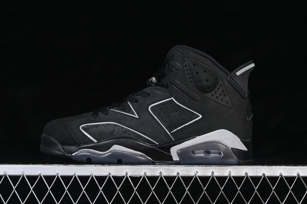 Opposite side view of the black high-top sneaker with light-colored panel trim and heel cushioning window.
