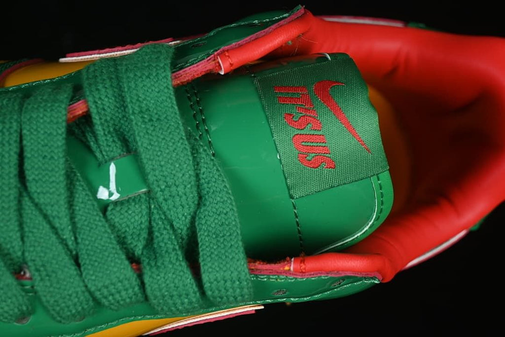 Close-up of the tongue label and green laces