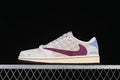 Side view of a cream low-top sneaker with a burgundy side logo, patterned panels, light blue accents, and a black outsole.