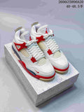 Pair of white and red Air Jordan 4 Retro sneakers shown from above
