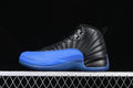Side view of a black and blue Air Jordan 12 Retro sneaker
