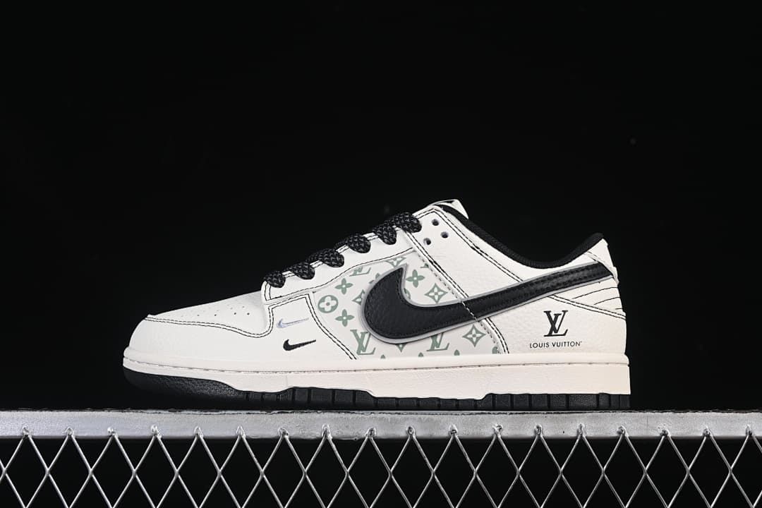 Side view of a cream and black low-top sneaker with a patterned side panel and black laces.