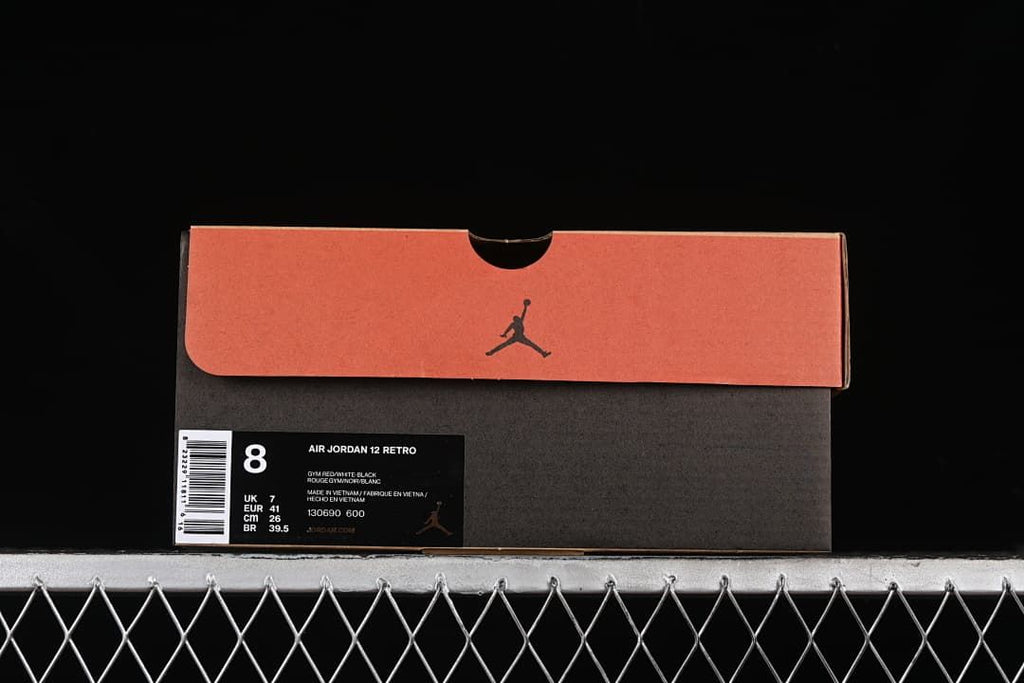 Jordan shoe box label identifying the Air Jordan 12 Retro in Gym Red, White, and Black; size EU 41