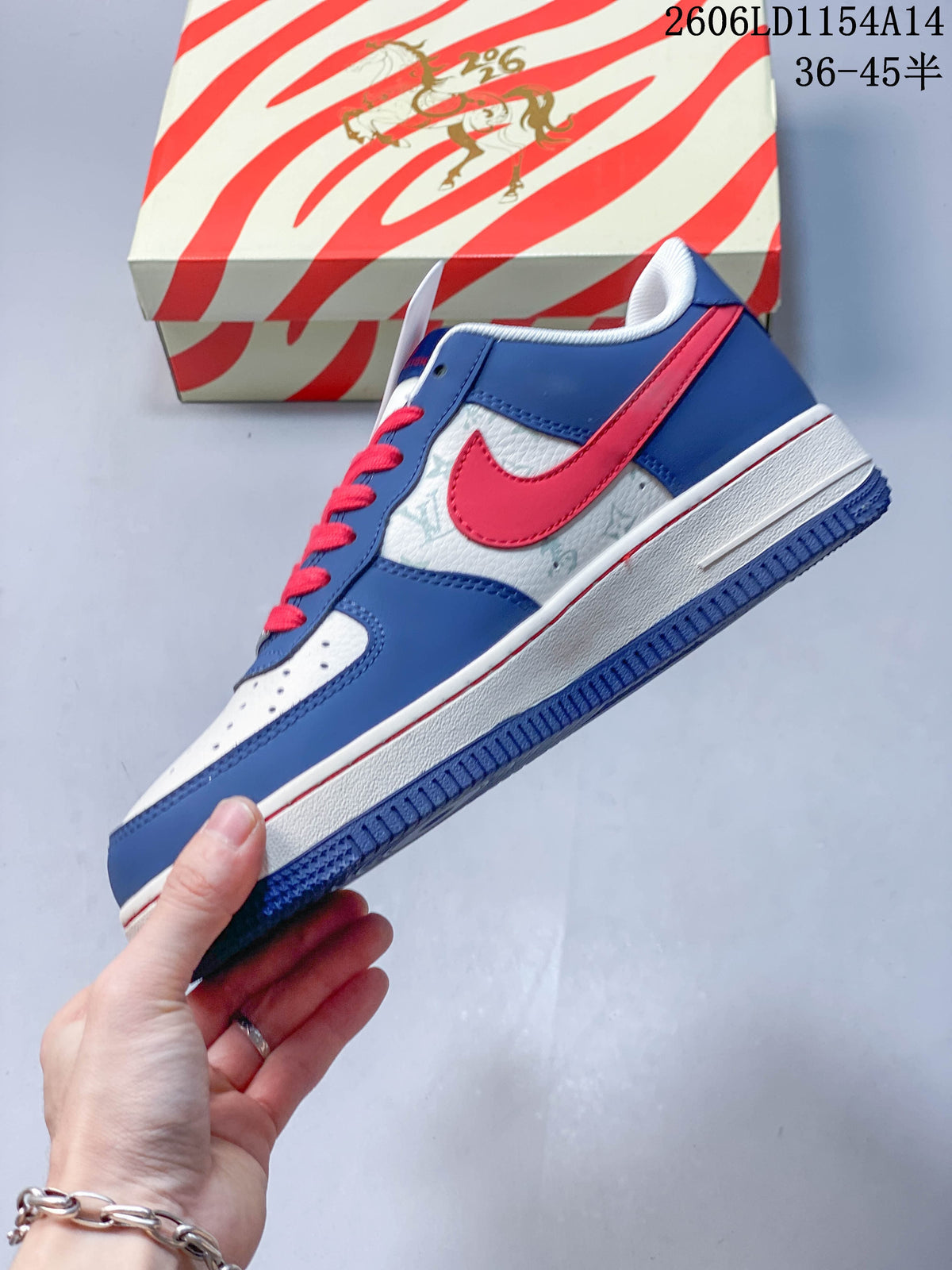 Side view showing blue overlays, white panels, and a red swoosh