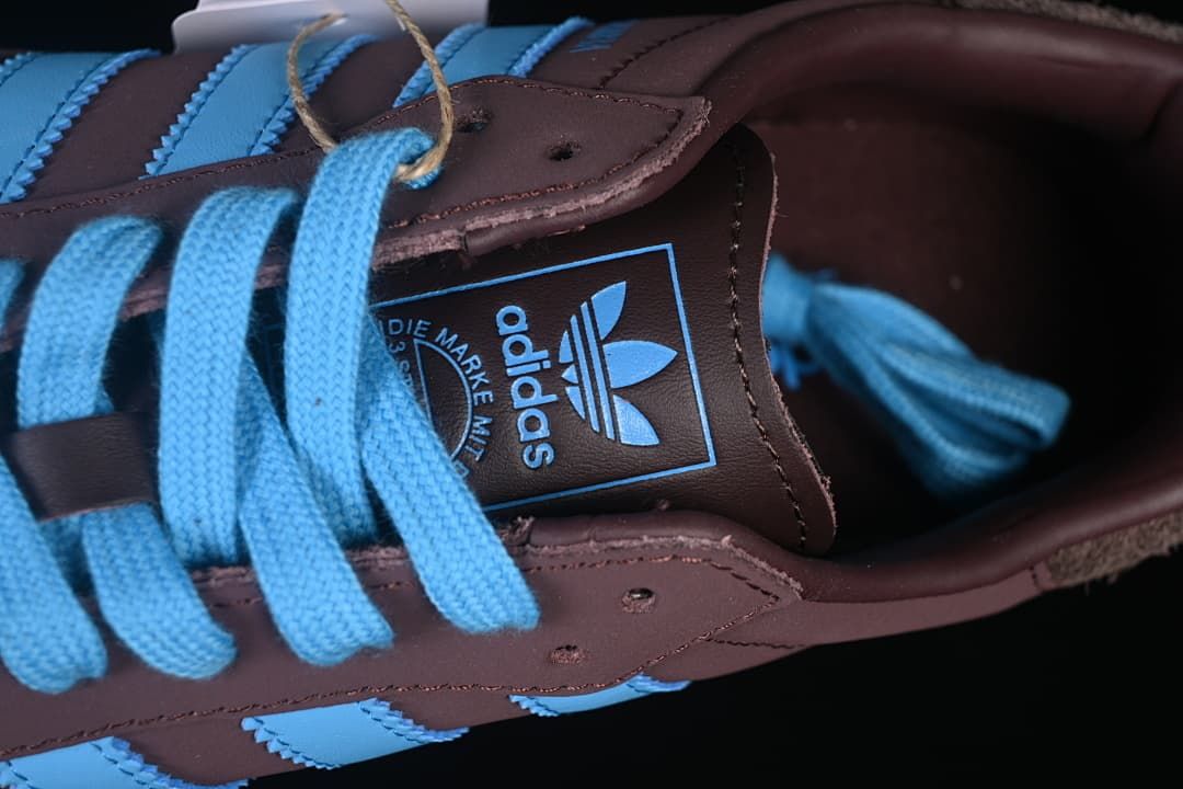 Close-up of the tongue branding and blue laces.