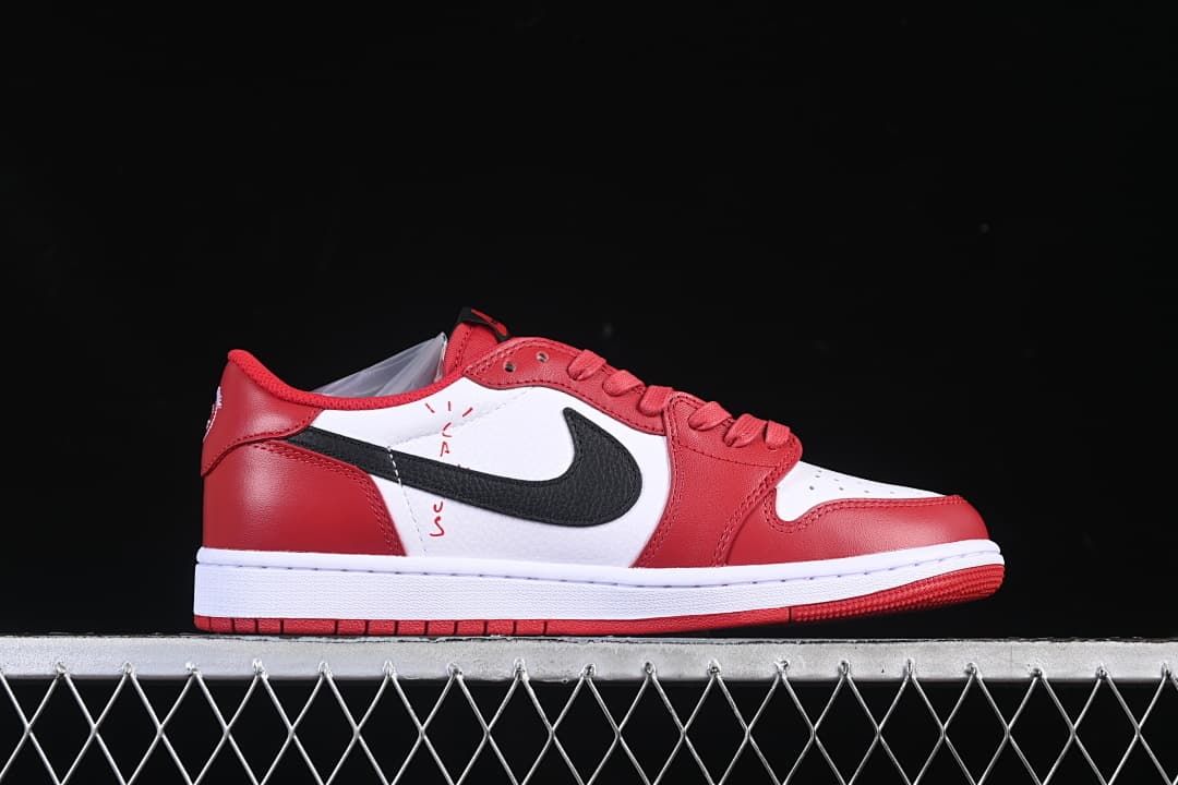 Side view showing red and white panels, black Swoosh, and red outsole