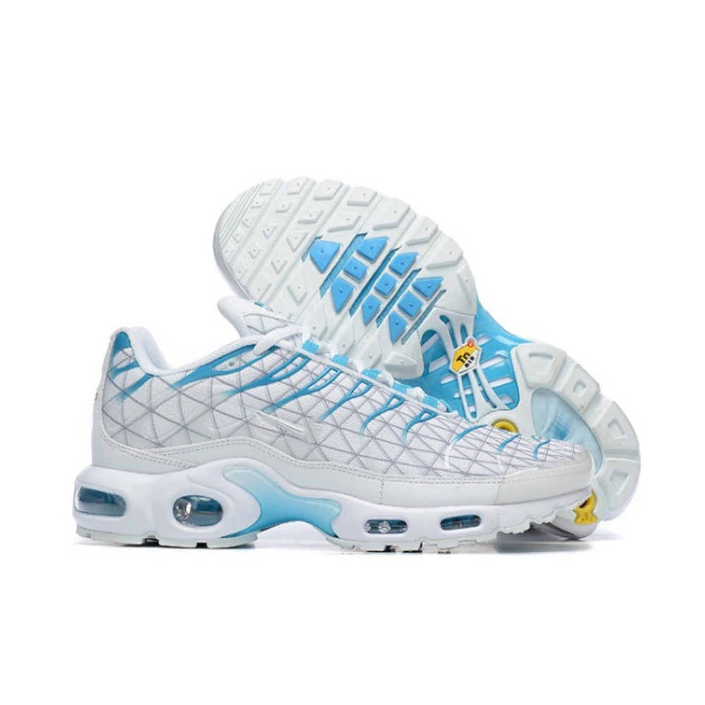 White Nike Air Max Plus-style sneakers with light blue accents and a white outsole.