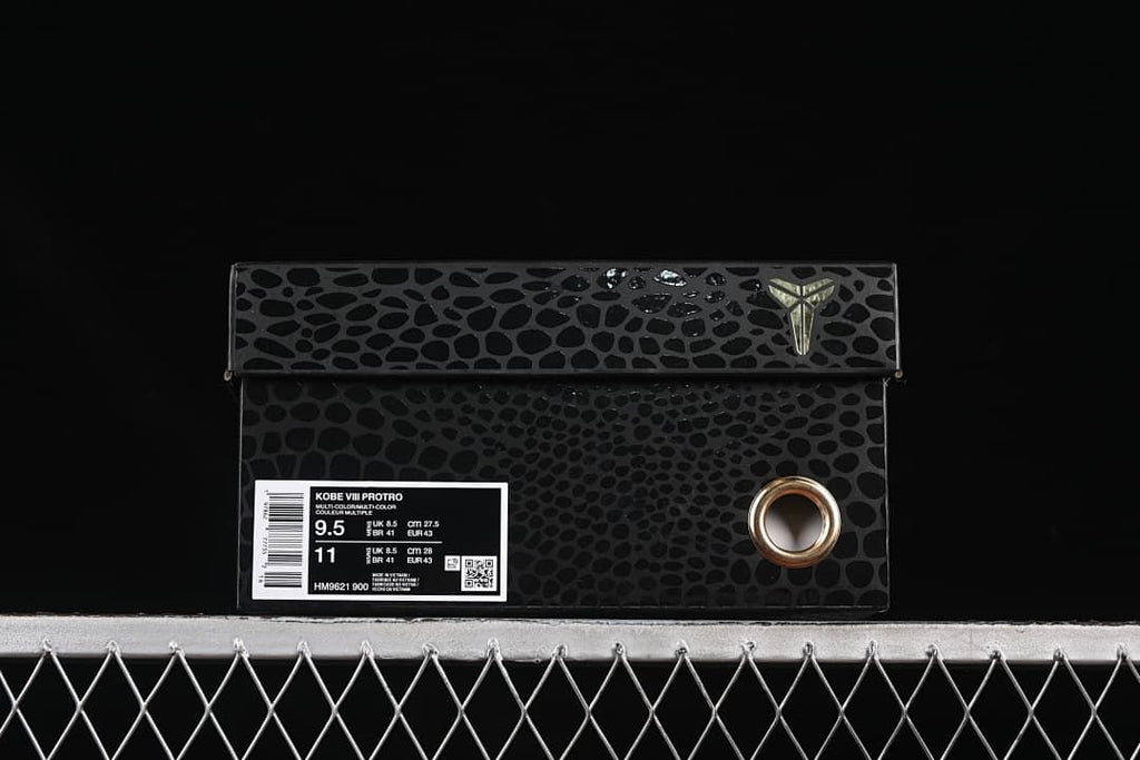 Black patterned shoebox with Kobe VIII Protro label and size details