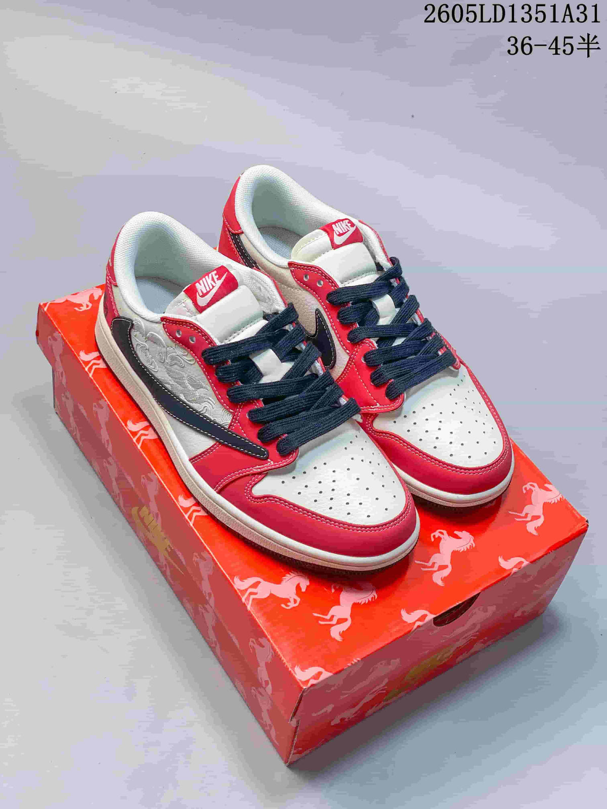 Pair of red, white, and navy Nike Dunk Low sneakers on a red horse-patterned box