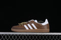 Side profile of a brown and white adidas Samba OG sneaker with a gum-colored sole.